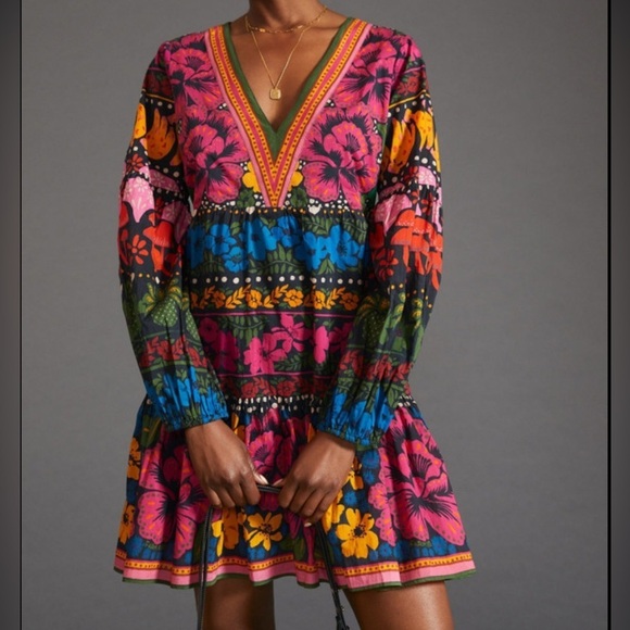 FARM Rio Dresses & Skirts - NWT FARM Rio Embellished Pink and Blue Bishop Sleeve Sundress 100% Cotton XS